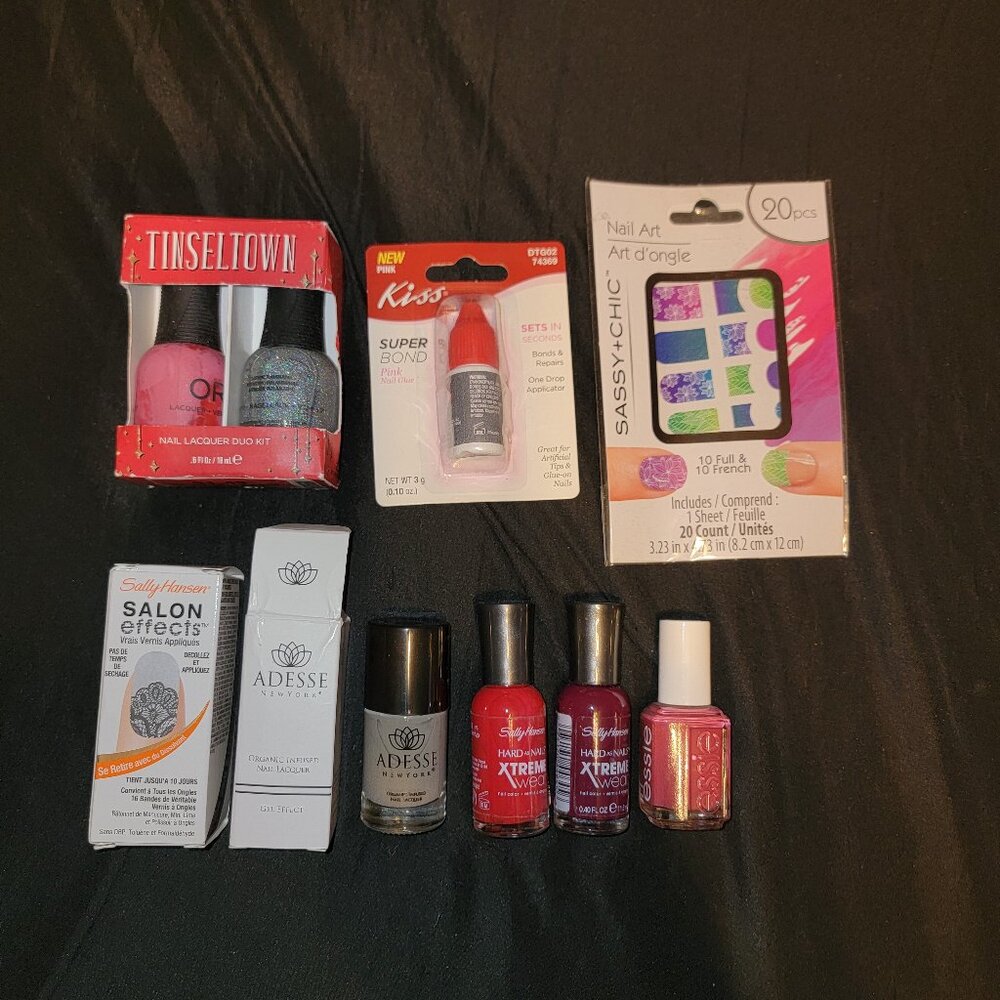 Lot Of 9 Nail Polish Essie Sally Hansen Strips Lot Kiss Glue Orly Adesse Tinsel